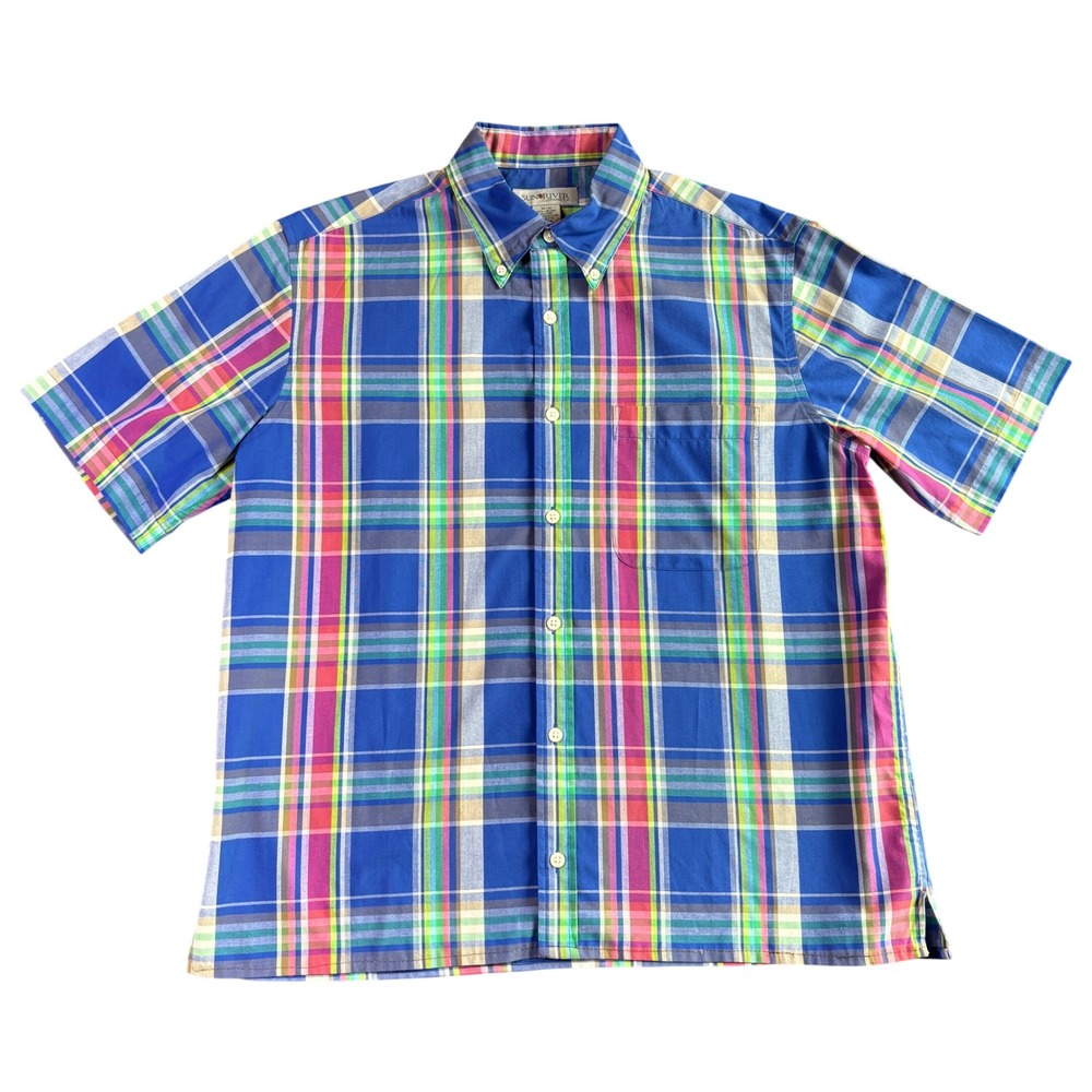 Sun River Clothing Co Mens M Short‎ Sleeve Plaid Button Down Shirt Blue Pink
